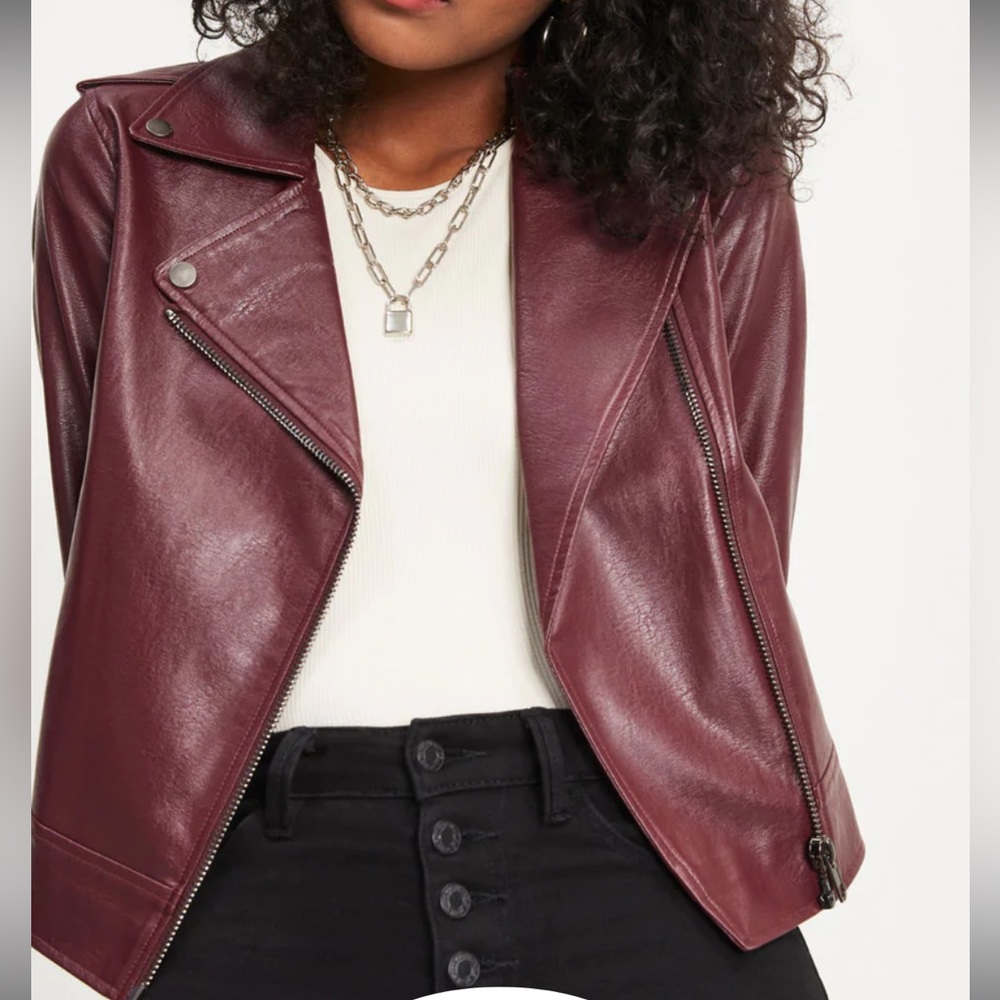 New with tags! VICI: Pocketed Faux Leather Biker Jacket color wine | size: Large